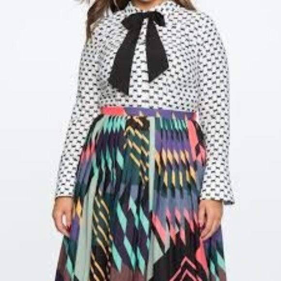 Eloquii Womens NWT Sz 20 Multicolor Pleated Dress With Bow Detail & Cat Print To - Picture 1 of 7